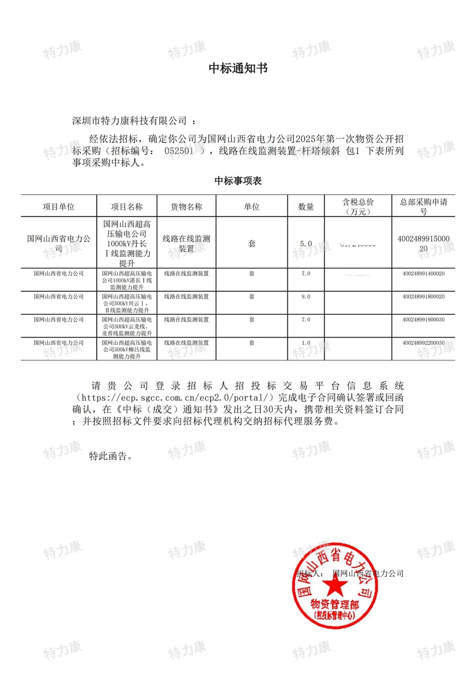 深圳市特力康科技有限公司中標國網山西電力超高壓線路在線監(jiān)測裝置采購項目